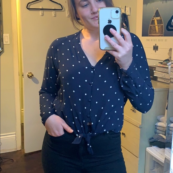 Navy blue, white polka dot long sleeve blouse - Picture 1 of 5